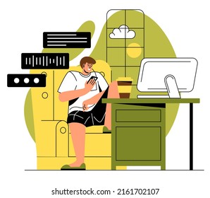 Remote work disadvantages. Young guy at workplace distracted by smartphone, lazy character and procrastination. Poor concentration and attention, frustration. Cartoon flat vector illustration