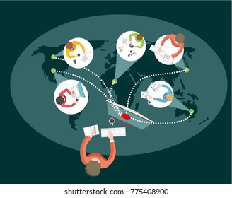 remote work or distance education of co-workers or employees around the world. vector illustration