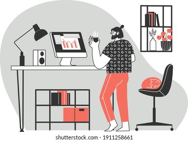 Remote work or distance learning. Work at home. Freelancer character working from home, convenient workplace. Vector flat illustration. Man and woman self employed concept
