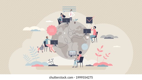 Remote work with distant employee network in internet tiny person concept. Company virtual meeting, information exchange or data sharing with working from home vector illustration. Flexible workplace.