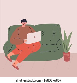 Remote work during quarantine concept flat vector illustration.Freelancer character working from home using portable laptop.Work in comfortable conditions.Social media networks user.Self employed man