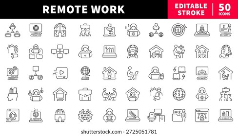 Remote work editable line icons set: home office, telecommuting symbols