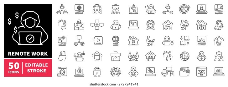 Conjunto de iconos de línea editables de trabajo remoto. oficina en casa y colaboración digital