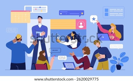 Remote work or education concept vector illustration. Flat characters working, online learning or have video conference internet meeting, distant webinar or office team call. Flexible job workspace