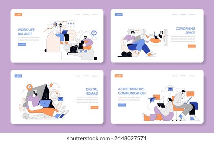 Remote Work encapsulated. Navigating work-life balance, coworking spaces, digital nomad lifestyle, and asynchronous communication. A new paradigm of work culture. Vector illustration.