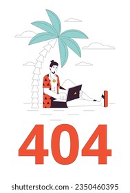 Remote work error 404 flash message. Empty state ui design. Freelancer typing on laptop. Page not found popup cartoon image. Vector flat illustration concept on white background