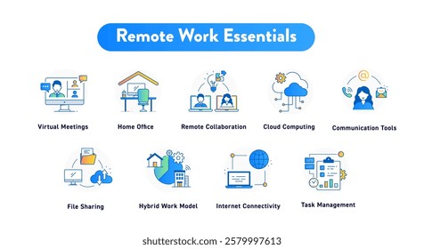 Remote Work Essentials Icon Set – Virtual Meetings, Cloud Solutions, and Team Collaboration