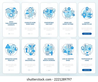 Remote work experience blue onboarding mobile app screen. Walkthrough 5 steps editable graphic instructions with linear concepts. UI, UX, GUI template. Myriad Pro-Bold, Regular fonts used