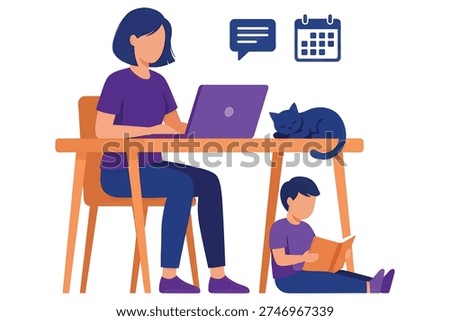 Remote work family scene with mother working on laptop and son reading book under desk with cat, on clean white background