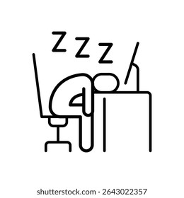 Remote work fatigue icon Outline style of tired person sleeping at desk with computer symbolizing burnout stress and energy loss due to long work hours