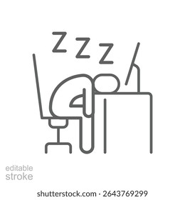 Remote work fatigue icon Outline style editable stroke of tired person sleeping at desk with computer symbolizing burnout stress and energy loss due to long work hours