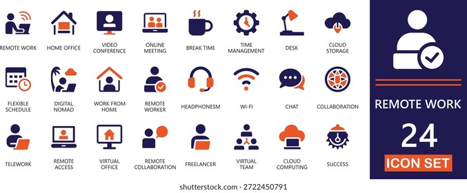 Remote-Arbeitssymbole für Konnektivität, Arbeitgeber und virtuelle Teams Minimaler Vektor für Heimarbeit, Produktivität und E-Learning.
