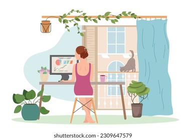 Remote work flat composition with cute woman sitting on chair at workplace in cozy home interior vector illustration