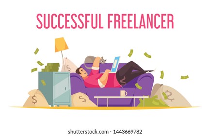 Remote work flat funny composition with successful freelancer on sofa with laptop bathing in money vector illustration  