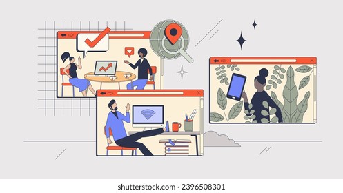 Remote work and flexibility as Gen Z employee benefits retro tiny person concept. New generation workforce with effective and productive working style vector illustration. Business collaboration.