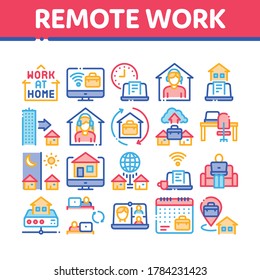 Freelance-Symbole für Remote-Arbeit setzen Vektorgrafik. Arbeiten Sie zu Hause, Internet-Job und Online-Consultation Betreiber, Telearbeit und Konferenz Konzept linearen Piktogramme. Illustrationen zur Farbwiedergabe