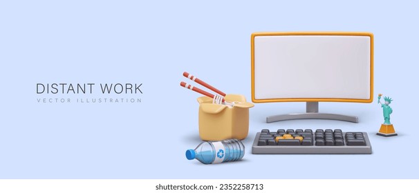 Remote work. Freelance. Comfortable workplace at home. Realistic monitor, keyboard, takeaway food. Vector poster in cartoon style. Work from anywhere in world