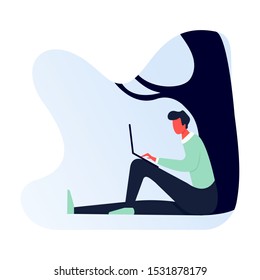 Remote work & freelance concept. Business man working outside in the nature forest or park office, sitting at desk with laptop computer typing. Green outdoors. Flat vector character illustration