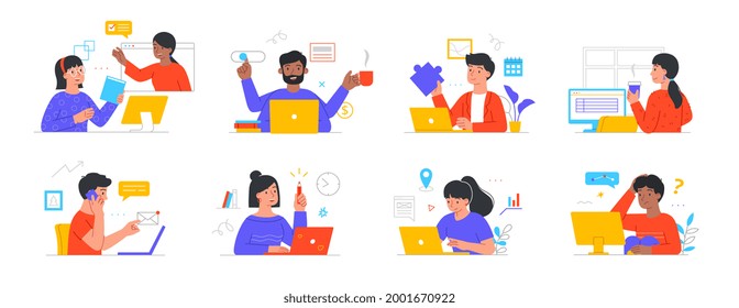 Remote work and freelance concepts with diverse multiracial freelancers characters at work. People man, woman working distantly. Set of flat cartoon vector illustrations isolated on white background