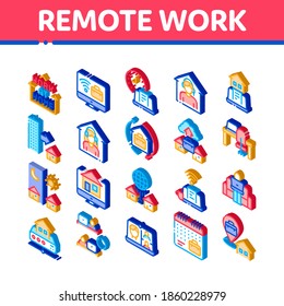 Remote Work Freelance Icons Set Vector. Isometric Work At Home, Internet Job And Online Consultation Operator, Teleworking And Conference Illustrations