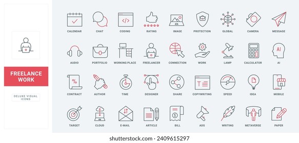 Trabajo remoto, conjunto de iconos de línea independientes. Servicios y aplicaciones digitales para trabajos independientes, protección y creación de datos, símbolos de contorno negro y rojo delgado en el lugar de trabajo en línea, ilustración vectorial