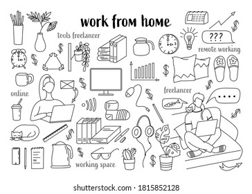 Trabajo a distancia, freelance, lugar de trabajo moderno en tecnología de la información, las herramientas de un autónomo y espacio de trabajo. EPS 10