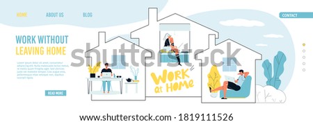 Remote work, freelance occupation. Stay home under protect to avoid infection, to prevent virus spread. People coworking from laptop sitting at house keeping distance. Landing page design