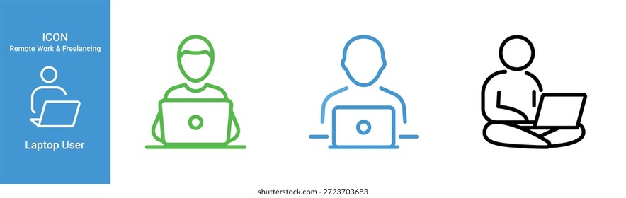 trabalho remoto freelancer laptop user outline icon definido para negócios e home office
