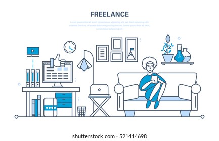 Remote work as a freelancer, modern information technology, the workplace, tools freelancer and working space. Illustration thin line design of vector doodles, infographics elements.