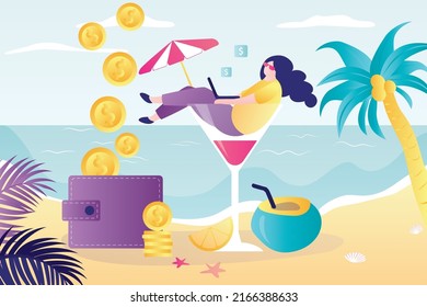 Remote work, freelancer sits in large cocktail glass, coconut and wallet with money nearby. Earnings, profit. Businesswoman relaxes and works at beach. Seashore landscape. Trendy vector illustration
