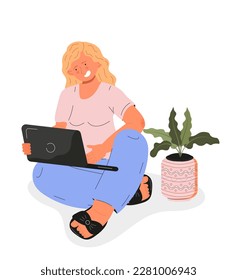 Remote work and freelancing concept vector. The girl is sitting with a laptop on the floor. Freelancers at work. Home Office, nomadism.
