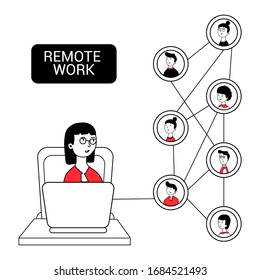 Remote work, freelancing, information technology, workplace at home. Vector Illustration in flat style, infographic elements.The concept of working via Internet networks from home during Covid-19.