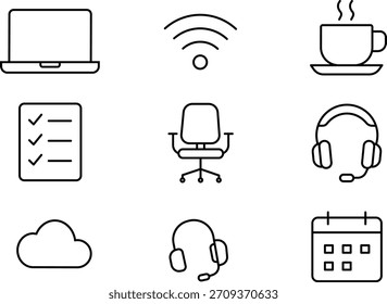 Vetor de Conjunto de Ícones de Trabalho Remoto e Linha de Freelancing
