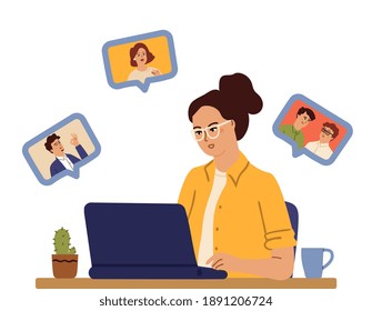 Remote work girl. Freelancer, distance learning or communication. Video conference, chat with friends or family. Online talk, woman at laptop speak with colleagues vector concept