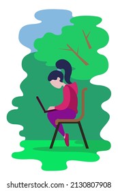 remote work. the girl is working on a laptop sitting on a bench in the park. remote study. vector flat illustration