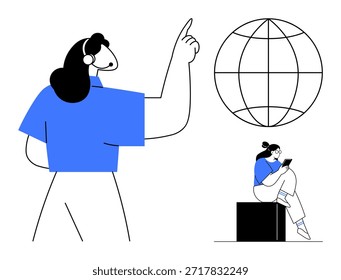 Trabalho remoto, conectividade global, aprendizado on-line, comunicação digital, educação, colaboração moderna. Mulher apontando para um globo e outra sentada com um tablet. Trabalho remoto e global