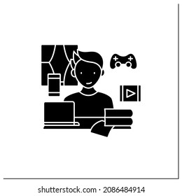 Remote work glyph icon. Distractions at home.Control entertainment while working. Career difficulties concept. Filled flat sign. Isolated silhouette vector illustration