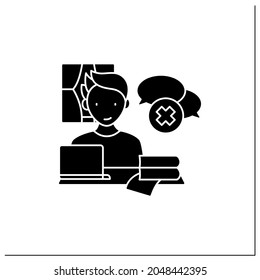 Remote work glyph icon. Lack of spontaneous conversations. Concentrate only on work. Career difficulties concept. Filled flat sign. Isolated silhouette vector illustration