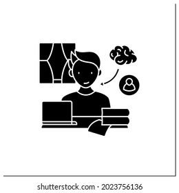 Remote work glyph icon. Learning and mentorship. Improve work skills. Studying new information. Career difficulties concept. Filled flat sign. Isolated silhouette vector illustration