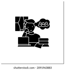 Remote work glyph icon. Loneliness through work. Communication missing.Career difficulties concept. Filled flat sign. Isolated silhouette vector illustration