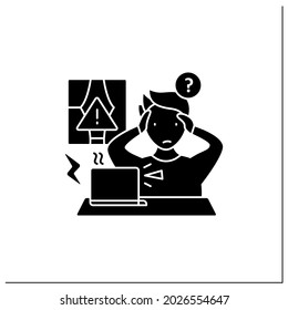 Remote work glyph icon. Technical, equipment issues.Work instrument broken. Career difficulties concept. Filled flat sign. Isolated silhouette vector illustration