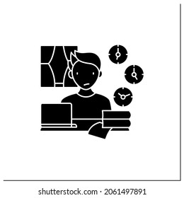 Remote work glyph icon. Time zone differences. Sync problems. Confusion at different times. Career difficulties concept.Filled flat sign. Isolated silhouette vector illustration