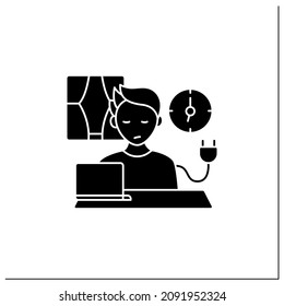 Remote work glyph icon. Unplugging after work. Low energy level. Tired. Impossible to maintain productivity. Freelance concept.Filled flat sign. Isolated silhouette vector illustration