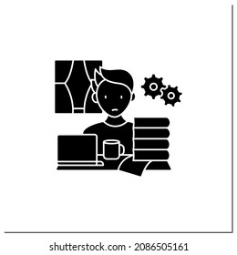 Remote work glyph icon. Working too much. Overworking. Work activities beyond capacity.Career difficulties concept.Filled flat sign. Isolated silhouette vector illustration