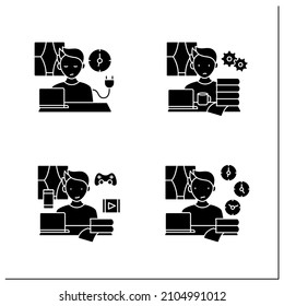 Remote work glyph icons set. Unplugging after work, overworking, distractions at home, time zone differences. Career difficulties concept.Filled flat signs. Isolated silhouette vector illustrations