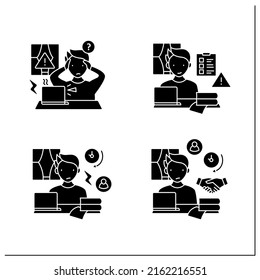 Remote work glyph icons set. Equipment issues, prioritizing work.Conflict unaddressed longer. Career difficulties concept.Filled flat signs. Isolated silhouette vector illustrations