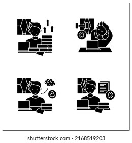 Remote work glyph icons set. Career advancement, lack of physical activities. Learning and mentorship.Tribal knowledge. Career difficulties.Filled flat signs. Isolated silhouette vector illustrations