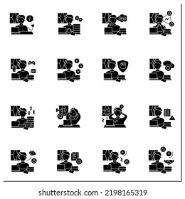 Remote work glyph icons set. Distance work troubles. Loneliness, unproductivity. Career difficulties concept. Filled flat signs. Isolated silhouette vector illustrations