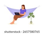 Remote Work in Hammock. Woman Freelancing at Home with Laptop. Illustrations for websites, landing pages, mobile apps, posters and banners