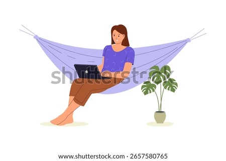 Remote Work in Hammock. Woman Freelancing at Home with Laptop. Illustrations for websites, landing pages, mobile apps, posters and banners